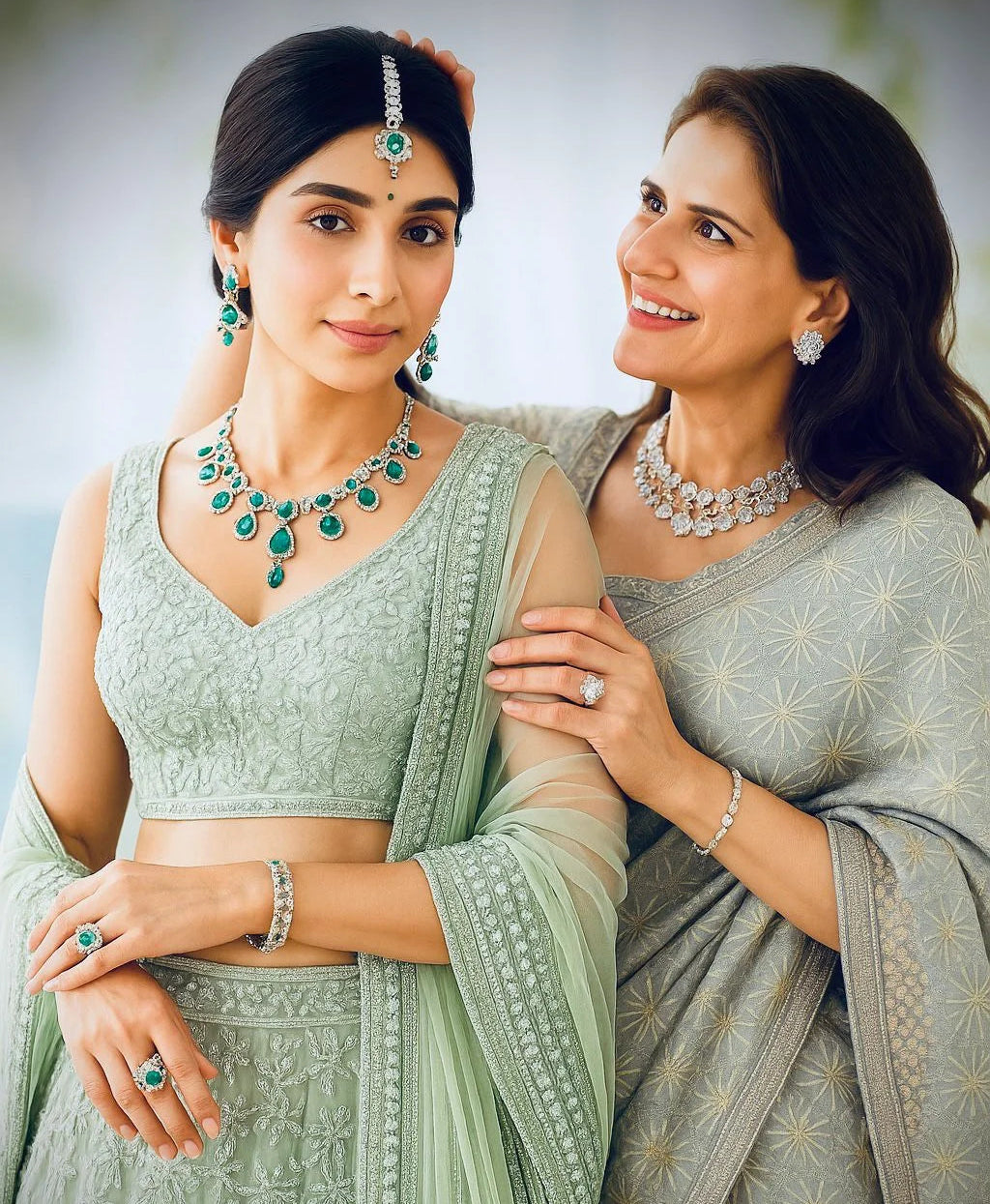 Two women in traditional sarees with jewelry, smiling and posing together.